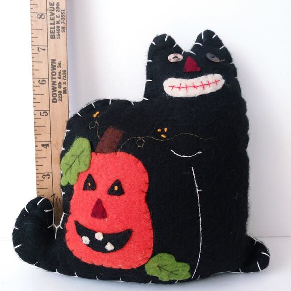 Stuffed Halloween Cat with Jack-O-Lantern Primitive Folk Art Decor Spooky Boho - Picture 7 of 8